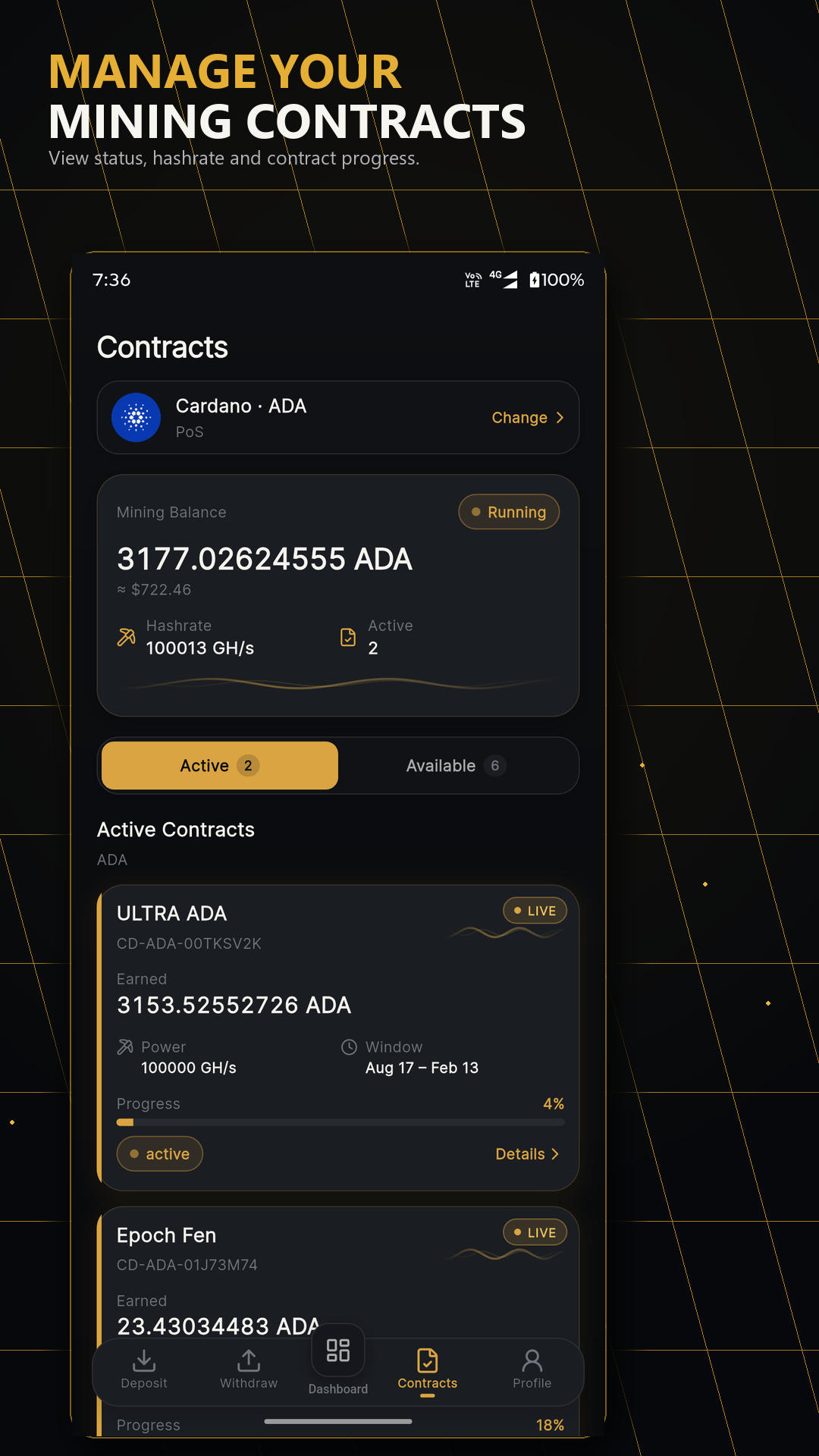 CoinDrill Android mining contracts list